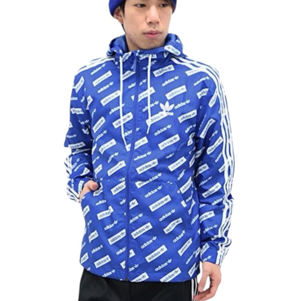 adidas Men’s allover print box logo trefoil windbreaker hooded jacket Large L